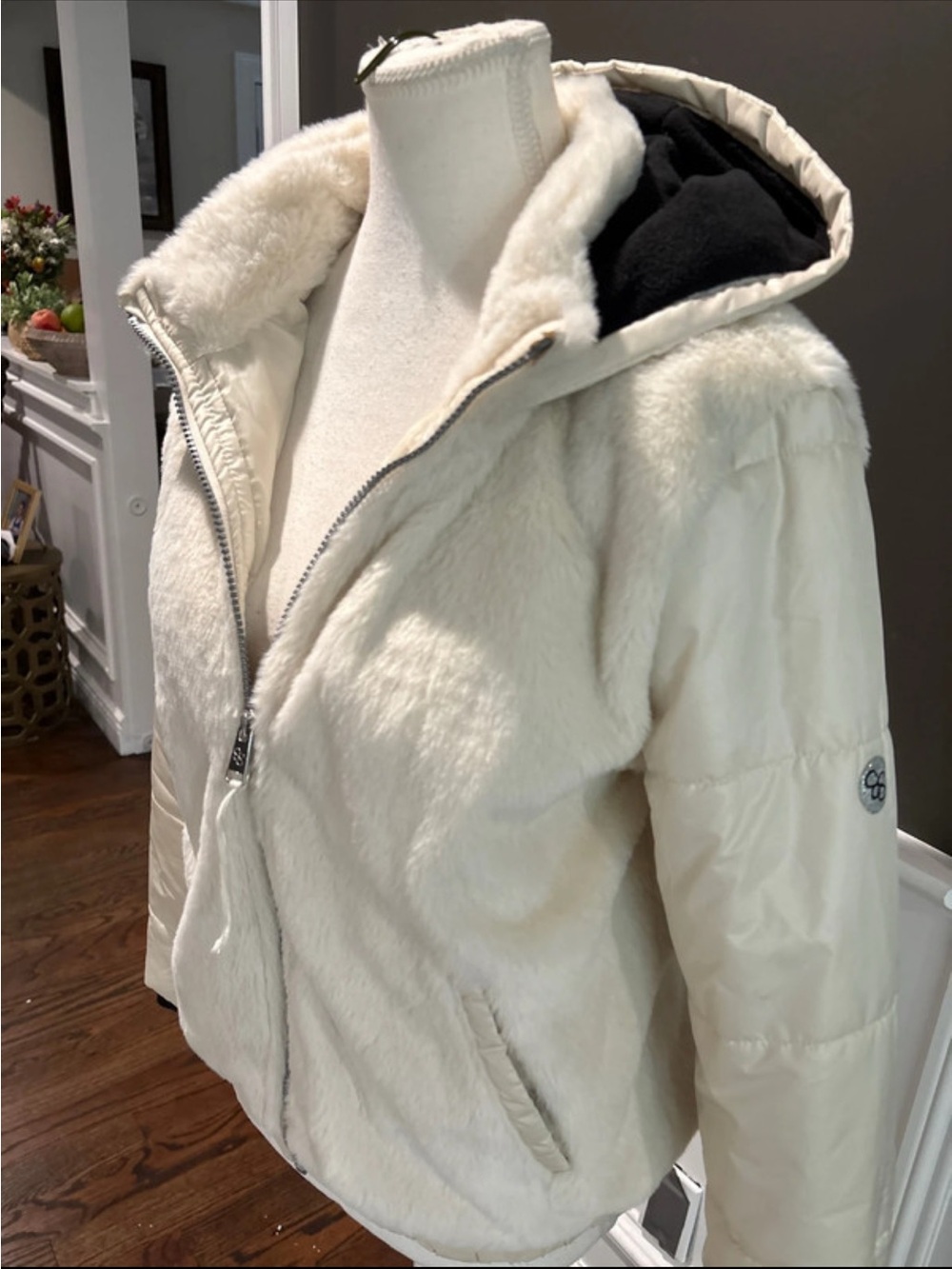 Jessica Simpson Ivory Faux Fur Hooded Bomber Jacket